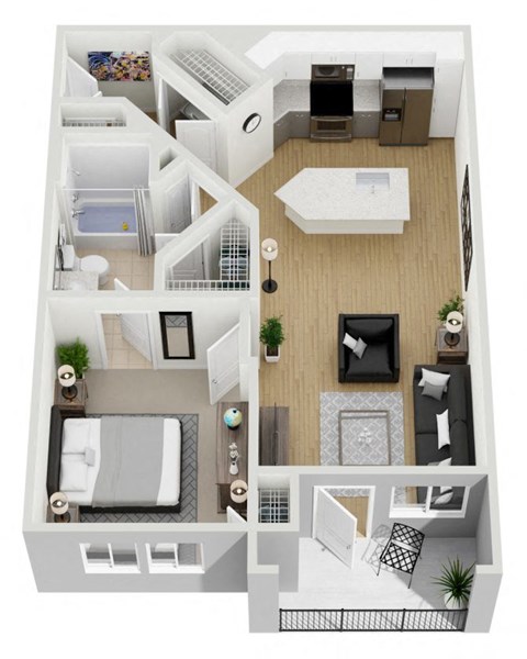 A 3D floor plan of a small apartment with a bedroom, living room, kitchen, and bathroom.